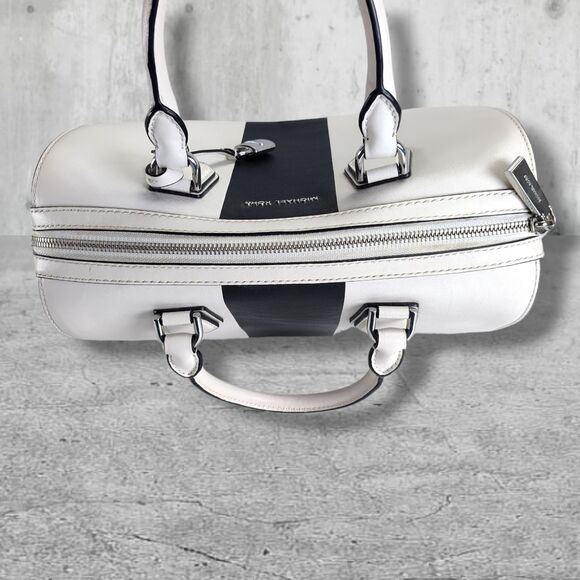 Michael Kors Mercer Medium Duffel Satchel White Center Stripe Leather Bag - Picture 15 of 16